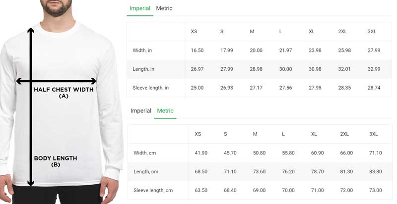 Long Sleeve T-Shirt Size Chart